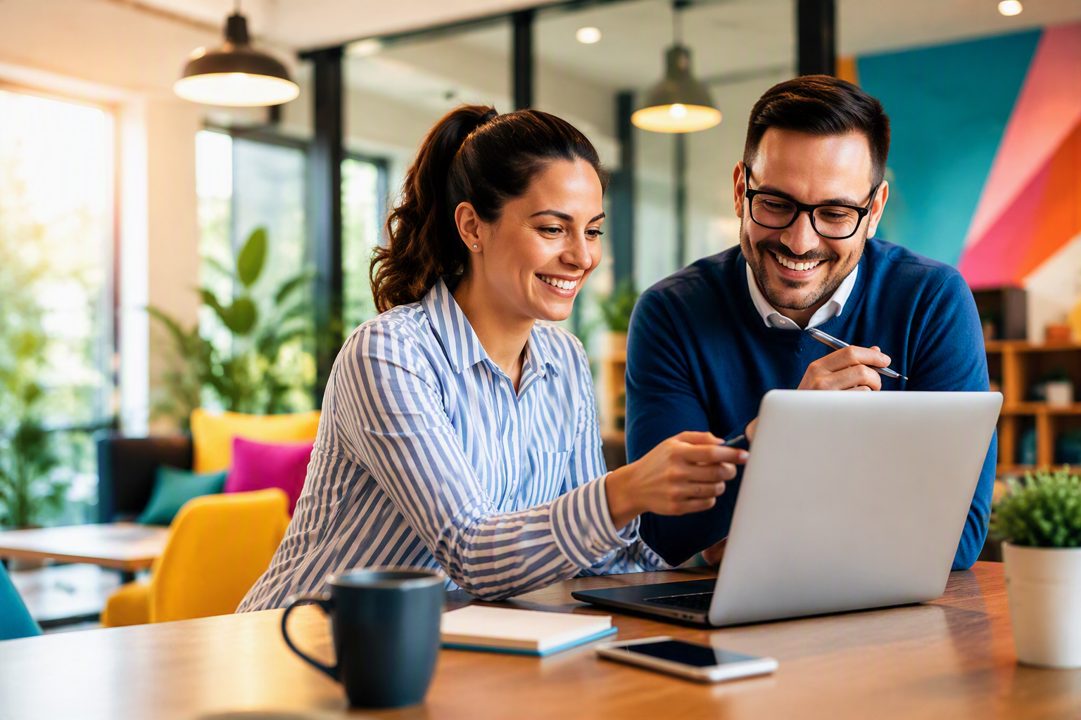 Two smiling professionals collaborate at a modern office desk, reviewing content on a laptop