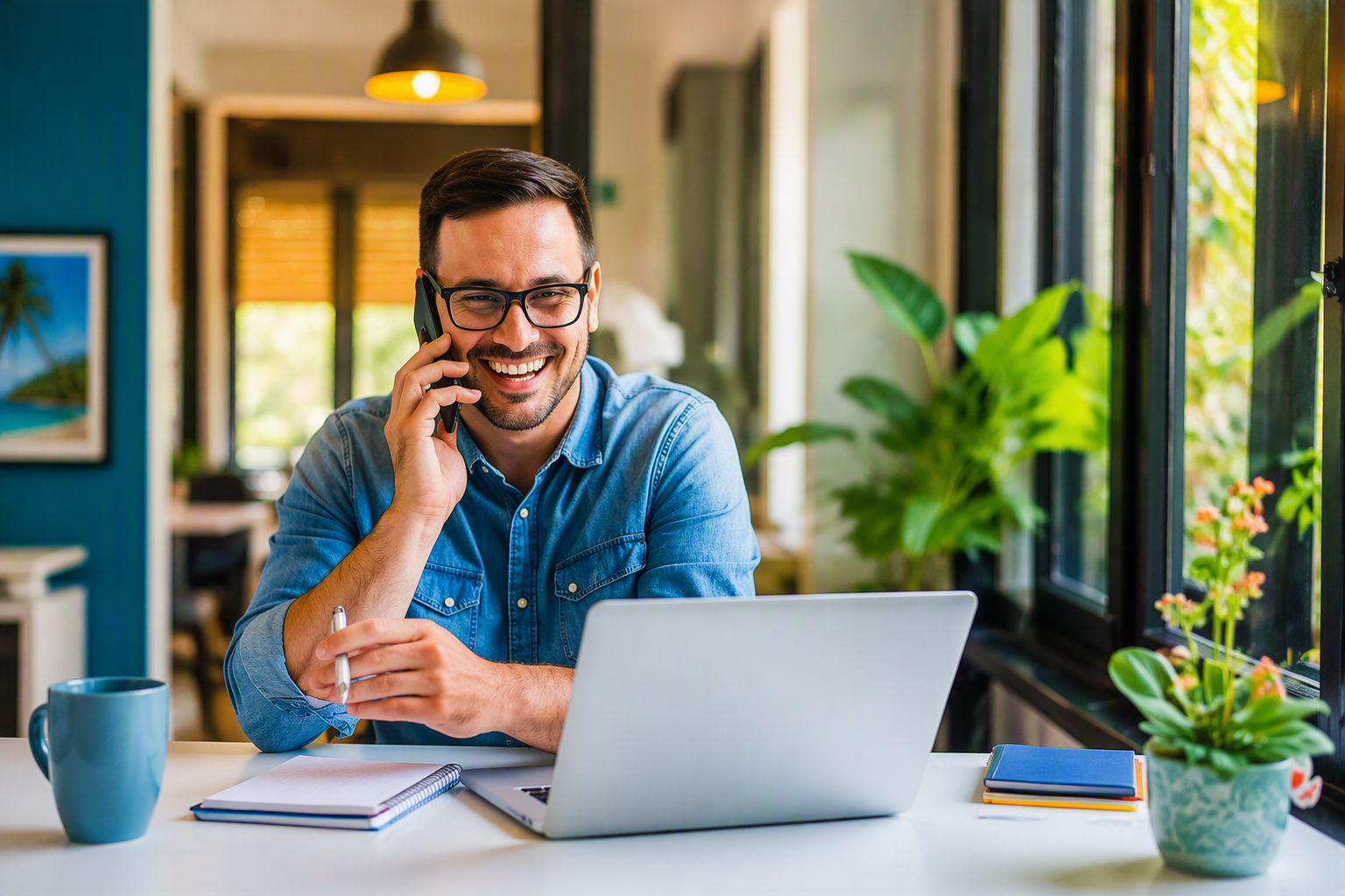 A professional man wearing glasses and a denim shirt sits at a modern desk, smiling while taking