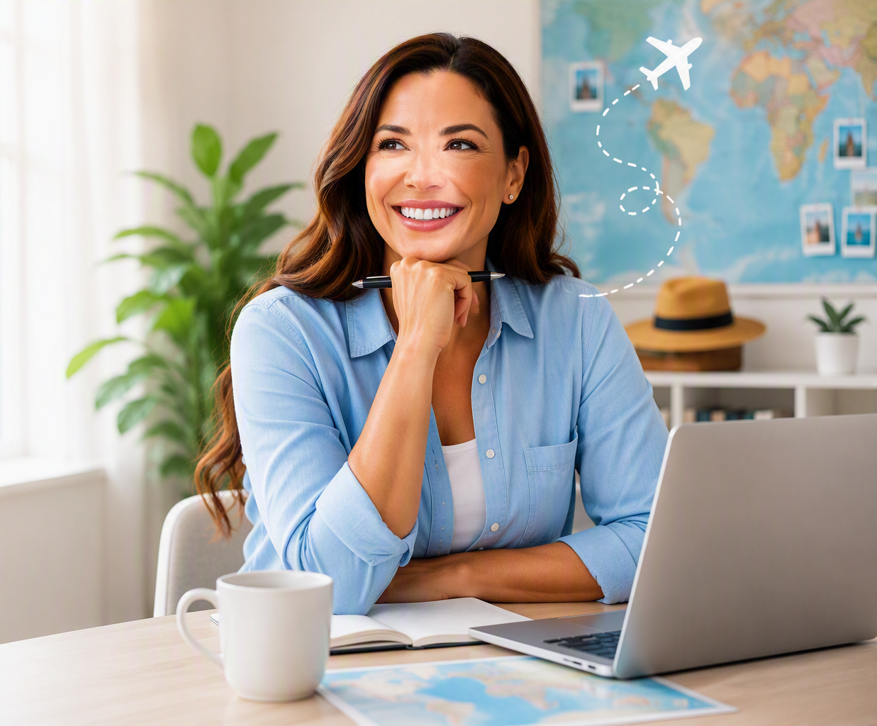 startyourbusinesslady A smiling woman in a casual olive-green shirt sits with a laptop, gazing thoughtfully out a large